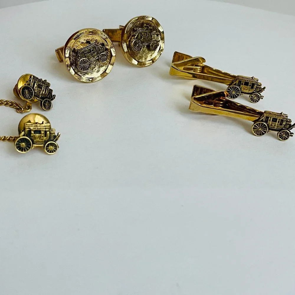Vintage Wells Fargo Stagecoach Carriage Gold Plated Cufflinks Tie Clips Set of 6